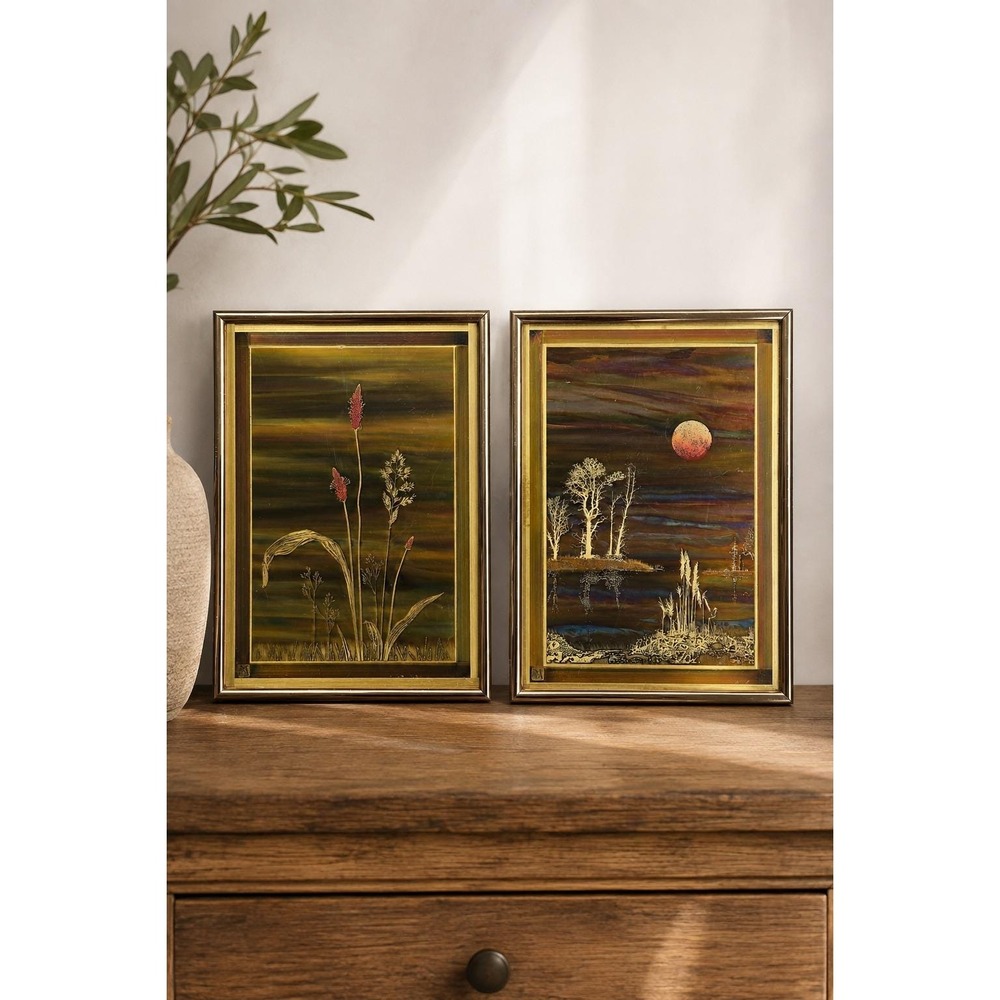 Bernhard Rohne Metallic Design Etched Art Set Lakeside Plantain Vintage 1980s